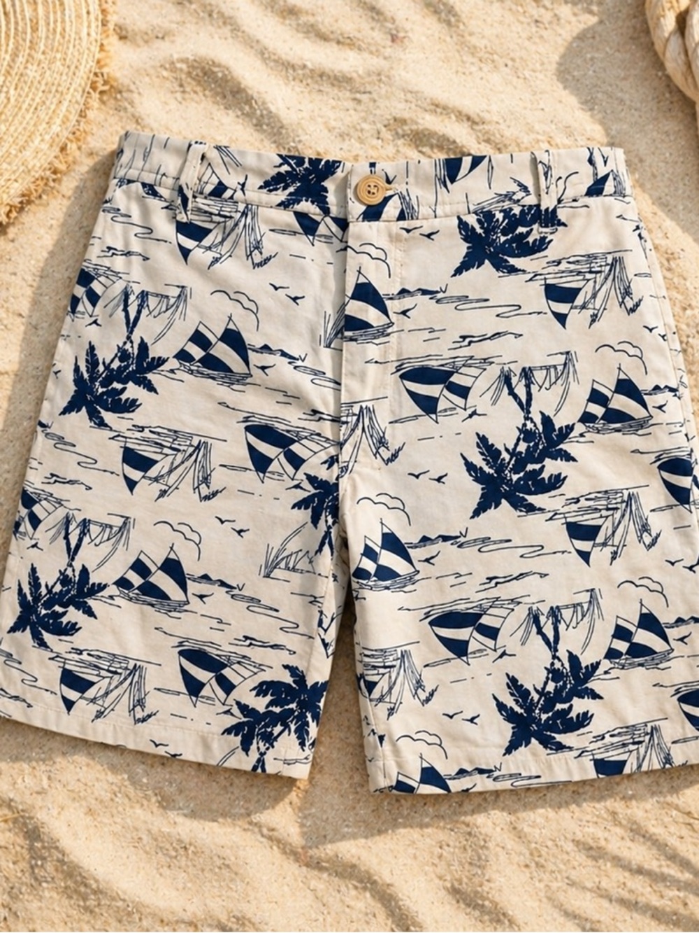 Talbots Coastal Sailboat Print Shorts/10 Relaxed Chino 7” Cotton Stretch